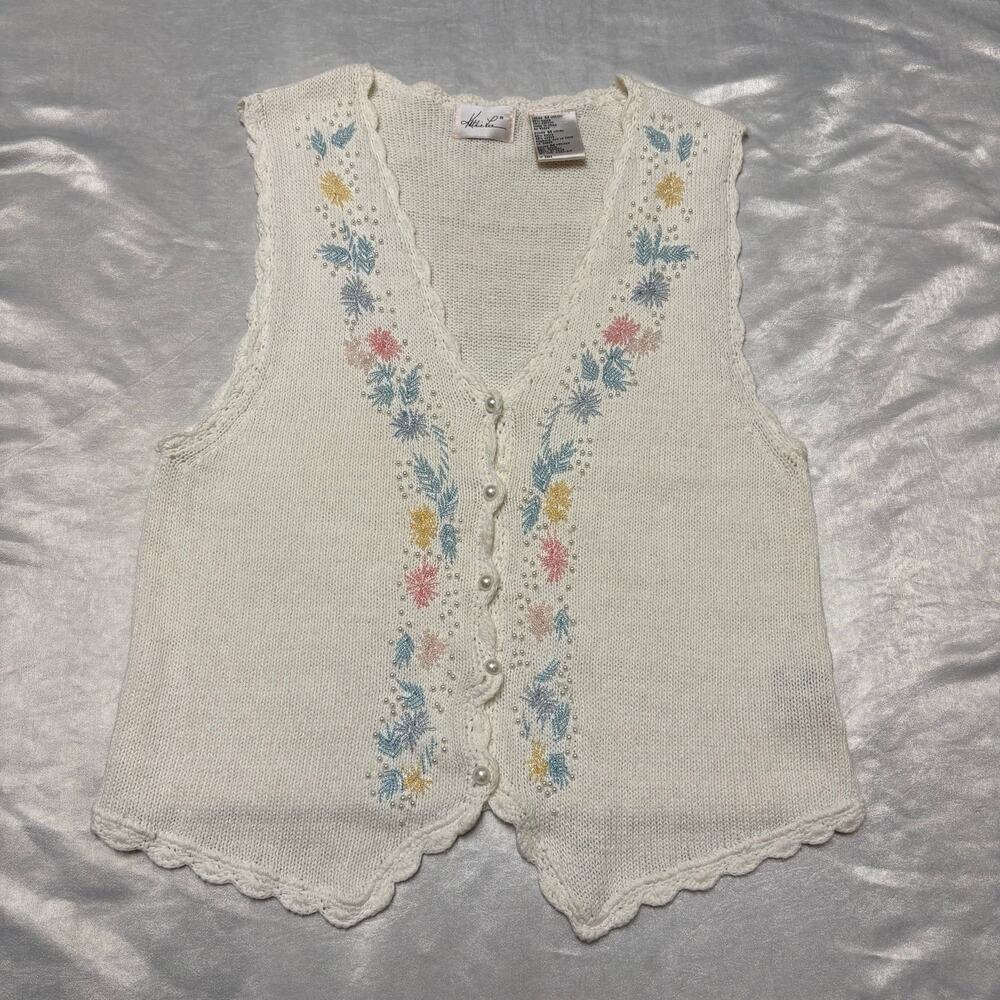 Vintage 90s Kathie Lee Beaded Floral Sweater Vest Ivory Pearl Size M